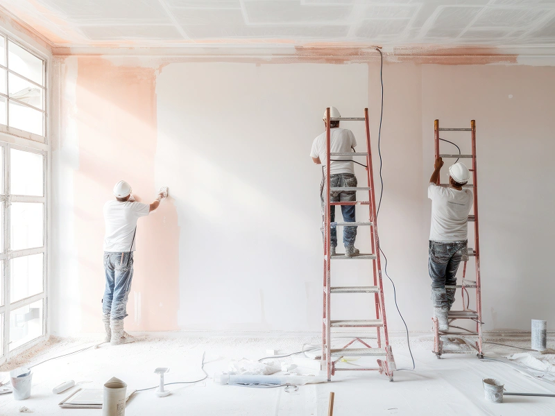 Renovation scene with workers on ladder painting walls